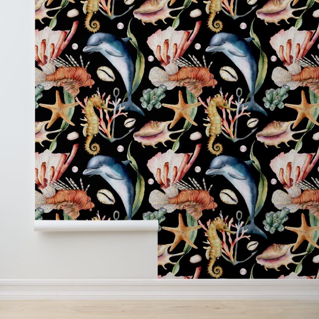 Papel Pintado Colorido animal acuático submarino LIfe Negro (Solicitud)