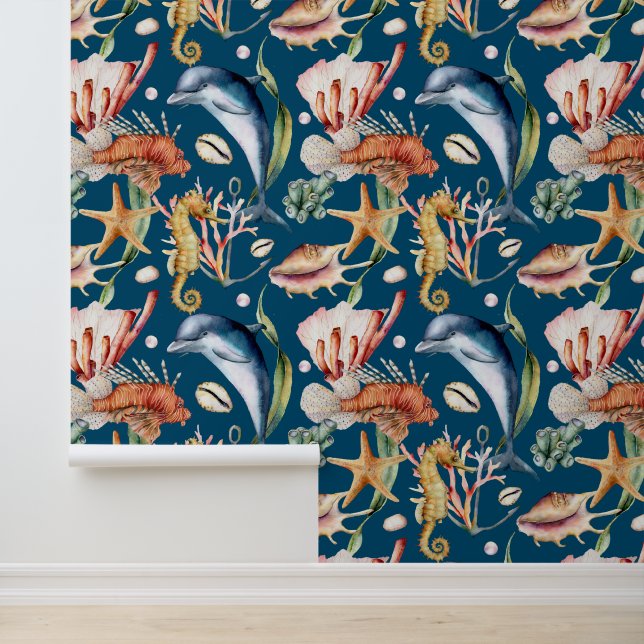 Papel Pintado Colorido Nautical Underwater Sea Animal LIfe Blue (Solicitud)