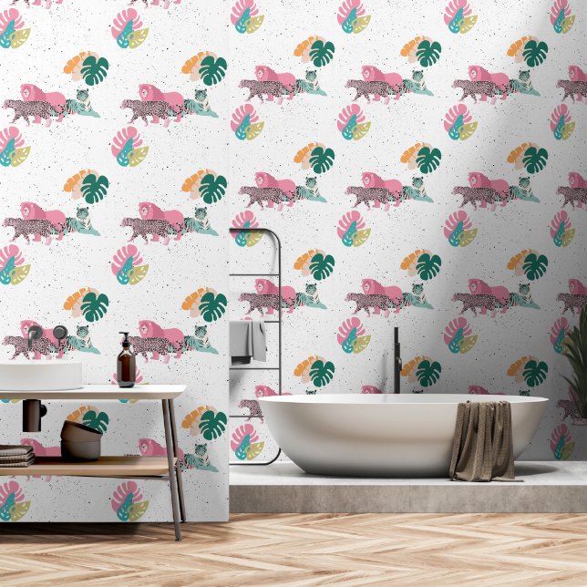 Papel Pintado Coloridos animales salvajes y hojas tropicales (Baño)