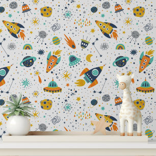 Papel Pintado Coloridos Cohetes Espaciales Guardería Pega y Desp
