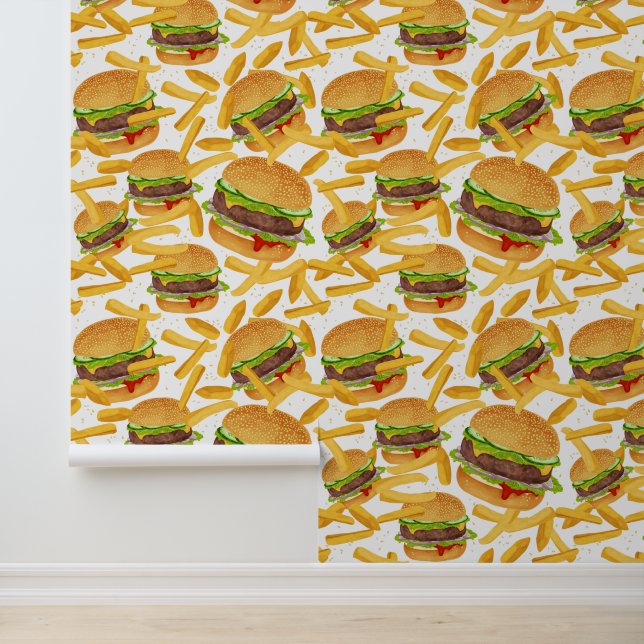 Papel Pintado Comida de patrón de patatas fritas de hamburguesas (Solicitud)