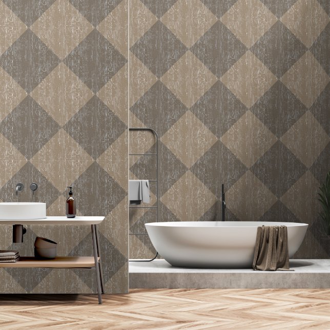 Papel Pintado Comprobación De Diamantes Textura Cruda Beige Y Ta (Baño)