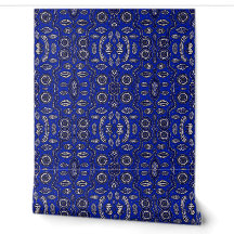 Papel pintado con medallón tribal azul real y marf