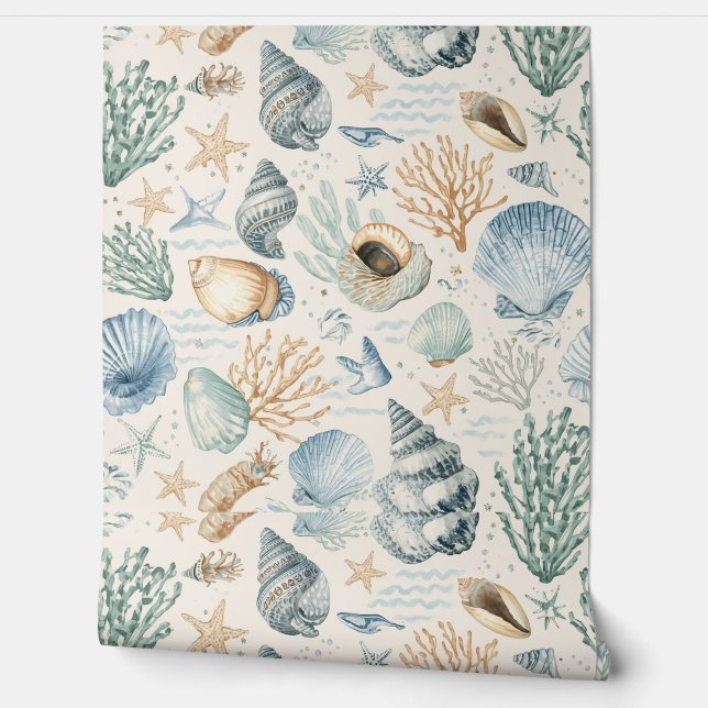 Papel pintado con patrón de playa | Concha costera (Desenrollar)
