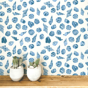 Papel Pintado Concha Marina Náutica Costera Azul y Blanco