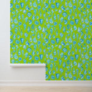 Papel Pintado Conchas Marinas Costeras sobre Verde Lima / Coster