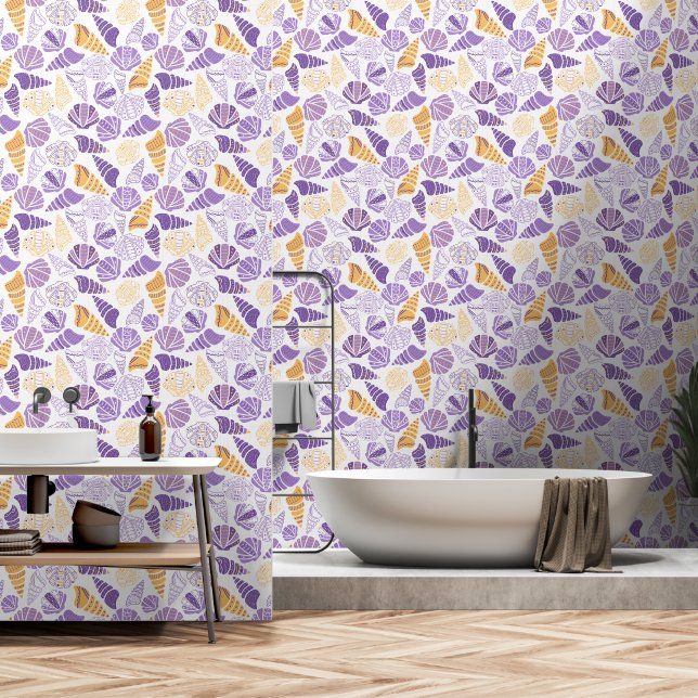 Papel Pintado conchas marinas Morado y oro (Baño)