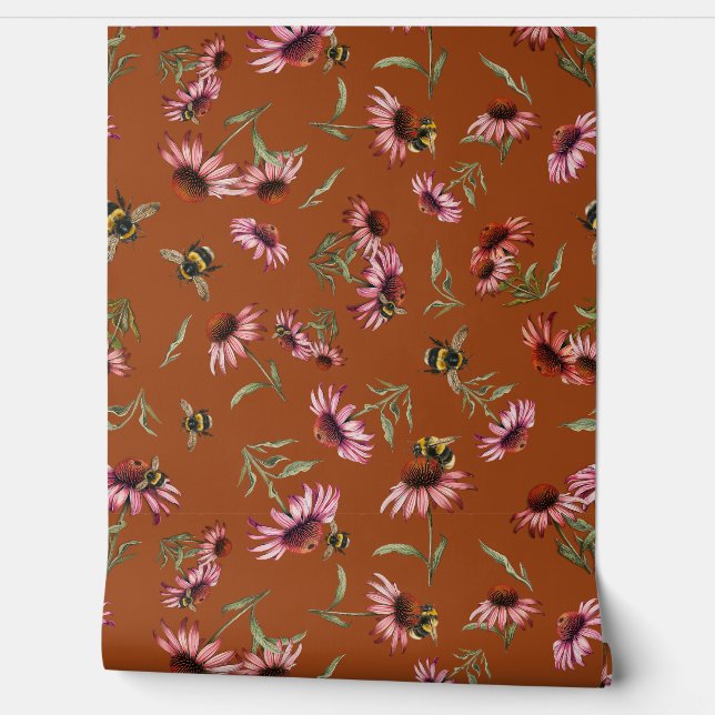 Papel Pintado Coneflowers Echinacea Bees Pattern (Desenrollar)