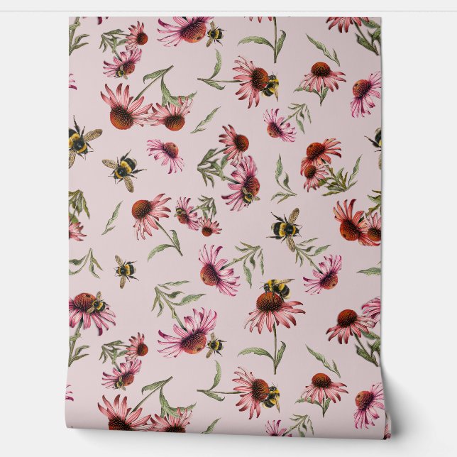 Papel Pintado Coneflowers Echinacea Bees Pattern (Desenrollar)