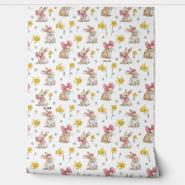Papel Pintado Conejitos marrones peludos entre narcisos
