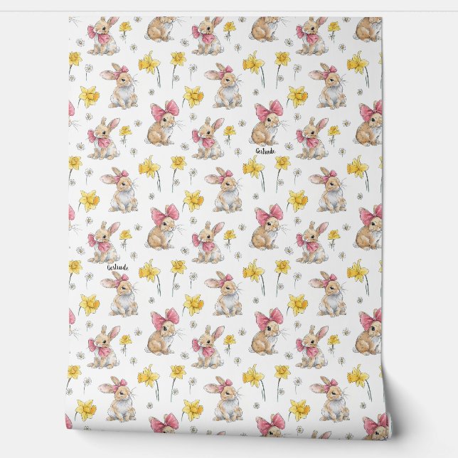 Papel Pintado Conejitos marrones peludos entre narcisos (Desenrollar)