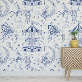 Papel Pintado Conejo Celestial Caprichoso Toile de Jouy Azul