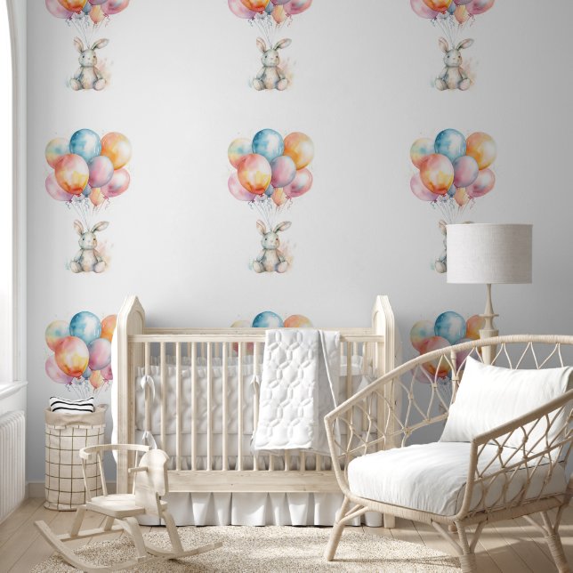 Papel Pintado Conejo de dormitorio Babys flotando con globos (Niños)