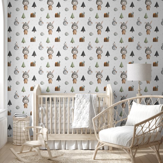 Papel Pintado Conejo de invierno y muñeco de nieve (Niños)