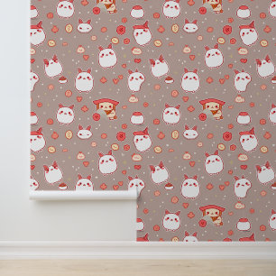 Papel Pintado Conejo Kawaii y patrón de refrigerios en Taupe