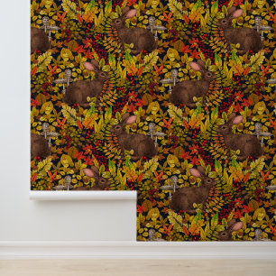 Papel Pintado Conejo otoñal sobre negro