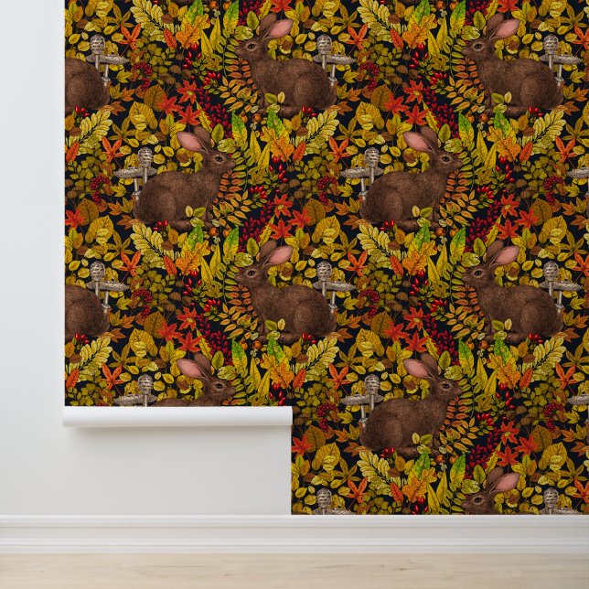 Papel Pintado Conejo otoñal sobre negro (Solicitud)