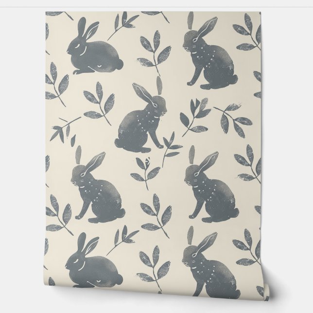 Papel Pintado Conejos de acuarela gris sobre fondo beige (Desenrollar)