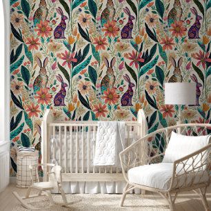 Papel Pintado Conejos y flores caprichosos patrón