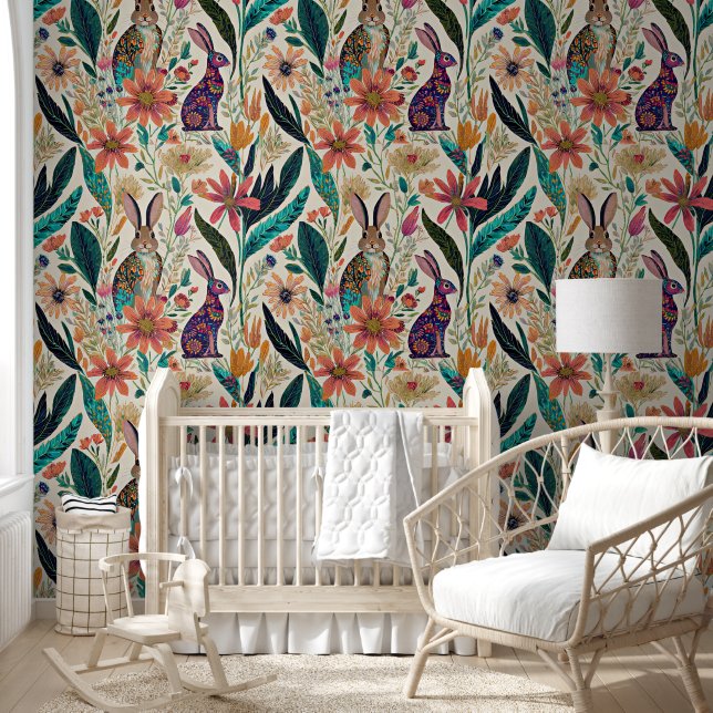 Papel Pintado Conejos y flores caprichosos patrón (Niños)
