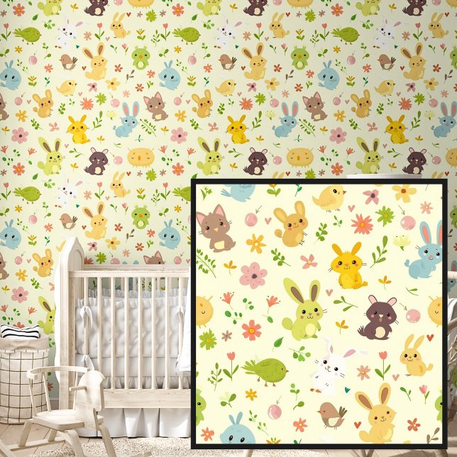 Papel Pintado Conejos y pájaros de la época de primavera en crem (Subido por el creador)