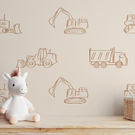 Papel Pintado Construction Vehicles Builder Boy Truck Boho Beige