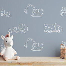 Papel Pintado Construction Vehicles Builder Boy Truck Dusty Blue