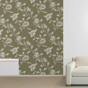 Papel Pintado Contorno floral blanco sobre verde oliva