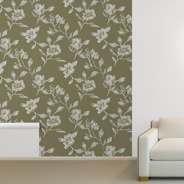 Papel Pintado Contorno floral blanco sobre verde oliva (Subido por el creador)