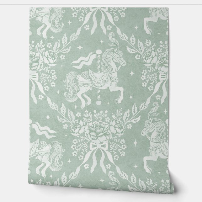 Papel Pintado Cool Sage Rococo Carousel Horses & Florals (Desenrollar)