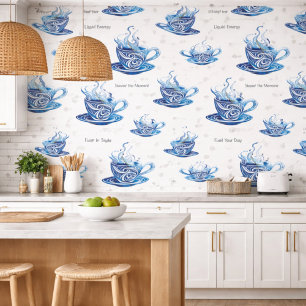 Papel Pintado Copa de café azul artístico con patrones de nataci