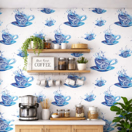 Papel Pintado Copa de café azul artístico con patrones de nataci