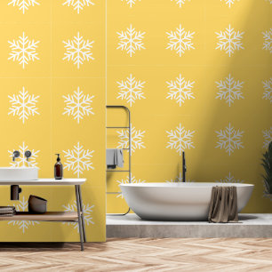 Papel Pintado Copo de nieve blanco festivo refinado sobre amaril