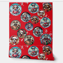 Papel Pintado Copo de nieve ilustrado rojo y perros Regalo de Sa