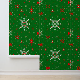 Papel Pintado Copos de nieve rojos y blancos en verde