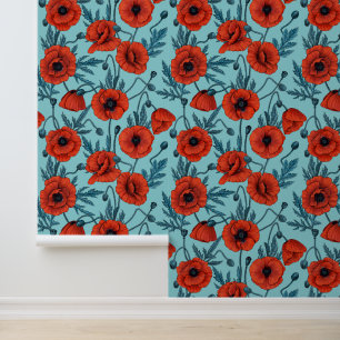 Papel Pintado Coppies rojos y azules en azul piscina