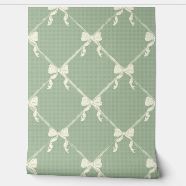 Papel Pintado Coquette Bows Gingham Pattern Cream Sage Green  (Desenrollar)