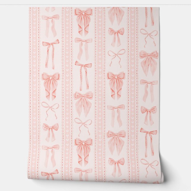 Papel Pintado Coral Bows and Lace in Elegant Vertical Stripes (Desenrollar)