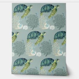 Papel Pintado Coral De Tortuga Del Mar Oceánico Y Conchas