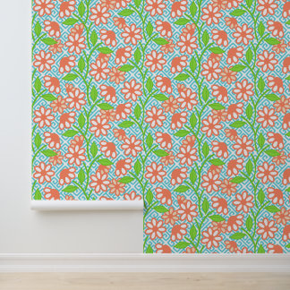 Papel Pintado Coral Lima y Aqua Maximalista Floral Griega