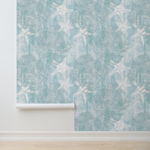 Papel Pintado Corales en acuarela y estrellas de mar azul pálido