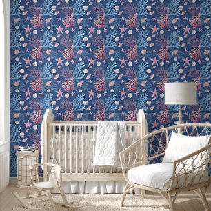 Papel Pintado Corales Lindos Conchas Ostras En Océano Azul Oscur