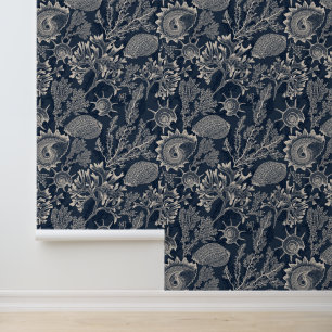 Papel Pintado Corales Marinos de Acuarela Costeros Azul Oscuro