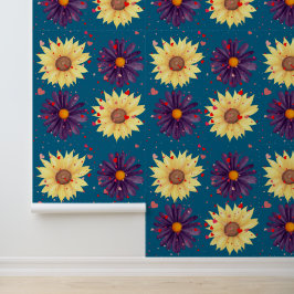 Papel Pintado Corazón de girasol romántico texturizado en azul t