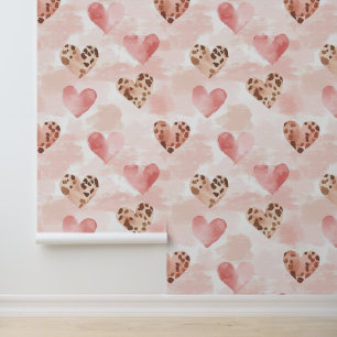 Papel Pintado Corazones de impresión de leopardo marrón rosado