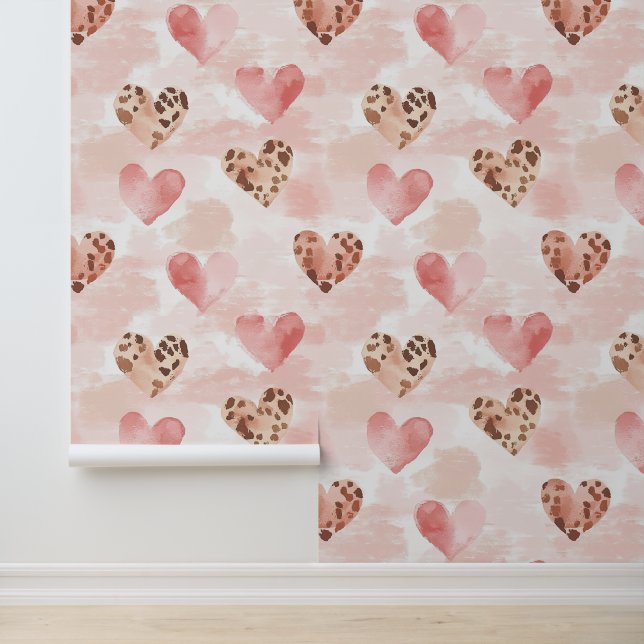 Papel Pintado Corazones de impresión de leopardo marrón rosado (Solicitud)
