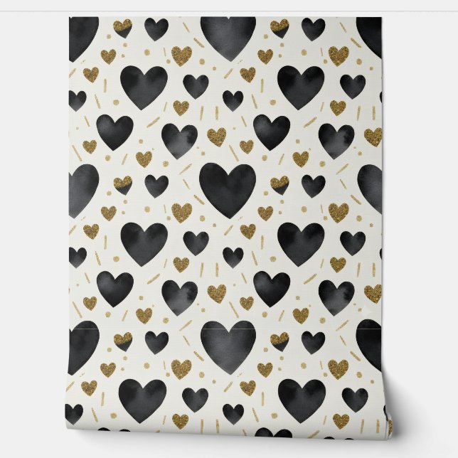 Papel Pintado Corazones de medianoche y brillo dorado (Desenrollar)