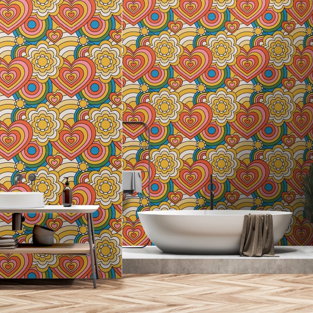 Papel Pintado Corazones Hippies BoHo y Patrones Enroscados (Baño)