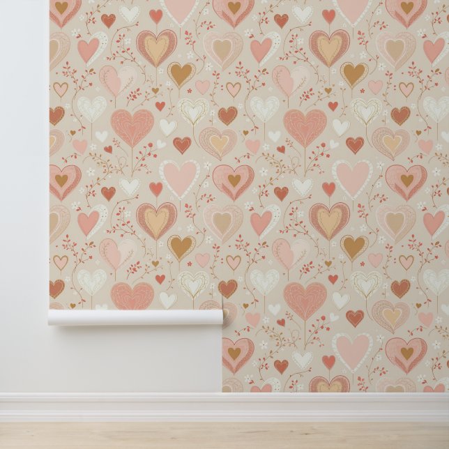 Papel Pintado Corazones románticos y patrón floral (Solicitud)