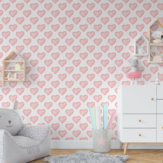 Papel Pintado Corazones rosados y curas, niñera (Cute Little Pink Hearts Baby Girl Nursery Wallpaper)
